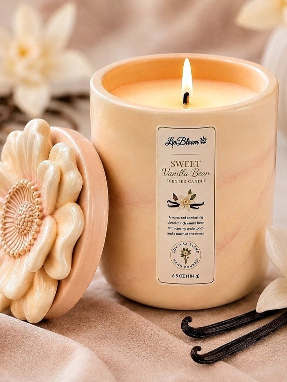 LwBloom Ceramic Sweet Vanilla Bean Soy Wax Candle in Cream & Pink NWT
